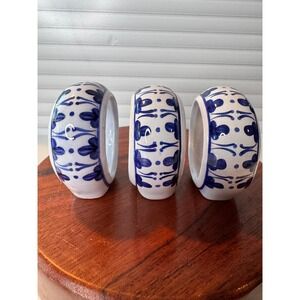 VTG Blue and White Ceramic Napkin Rings Set of 3 Hand Painted Philippines
